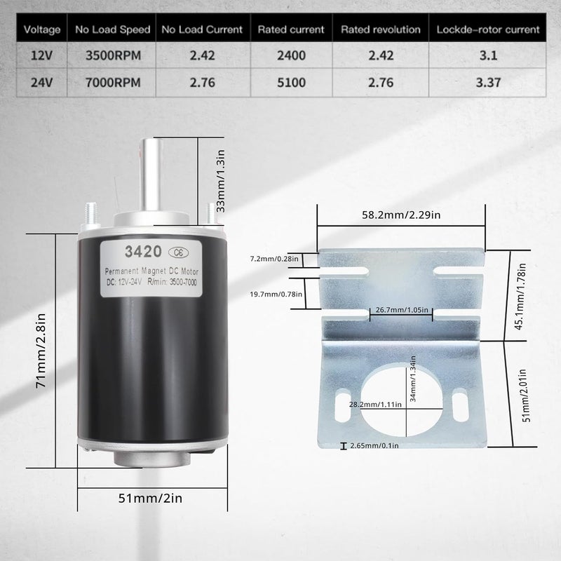 MAKERELE High Torque DC Motor 12V/24V 30W - 3500/7000RPM Permanent Magnet Electric Motor with Cable Connector and Mount, for DIY Generator, Cutting Machine (CW/CCW, XD-3420 Type, Short Shaft) - Image 2